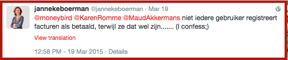 Janneke Boerman bekend op Twitter dat ze betaalde facturen niet altijd registreert op Moneybird
